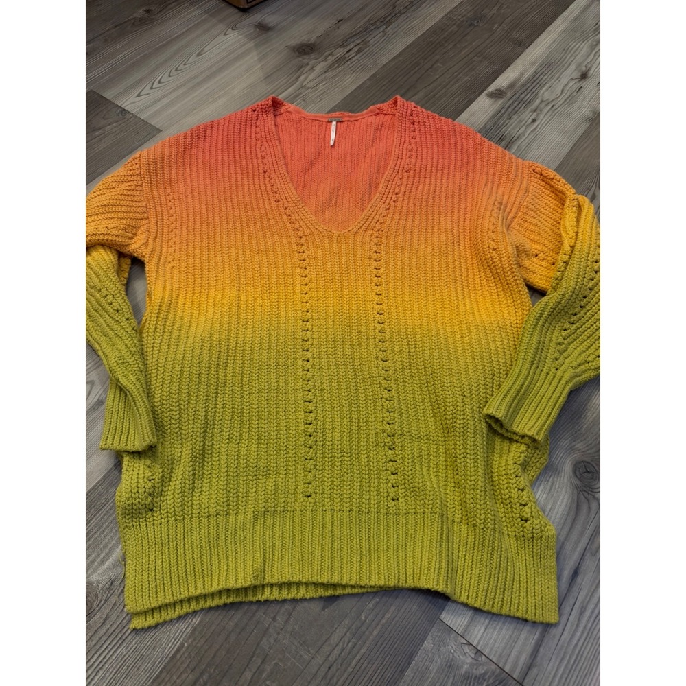 Free People Sunset Ombre V-Neck Sweater Orange Green Chunky Knit Pockets S